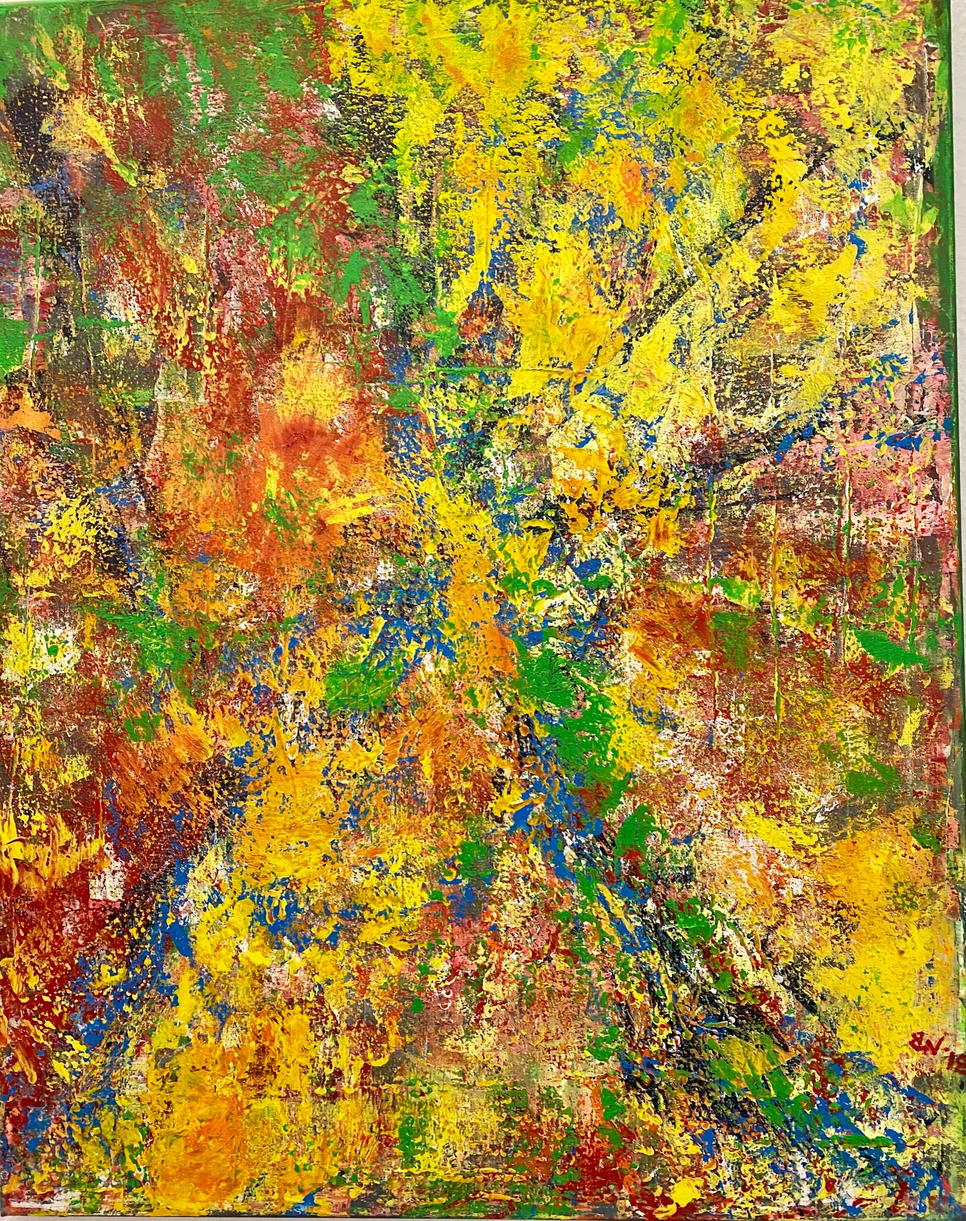 Ein abstraktes Gemälde mit vielen verschiedenen Farben, hauptsächlich gelb, grün, rot, blau und orange. Die Farben sind in unregelmäßigen Formen und Linien aufgetragen.