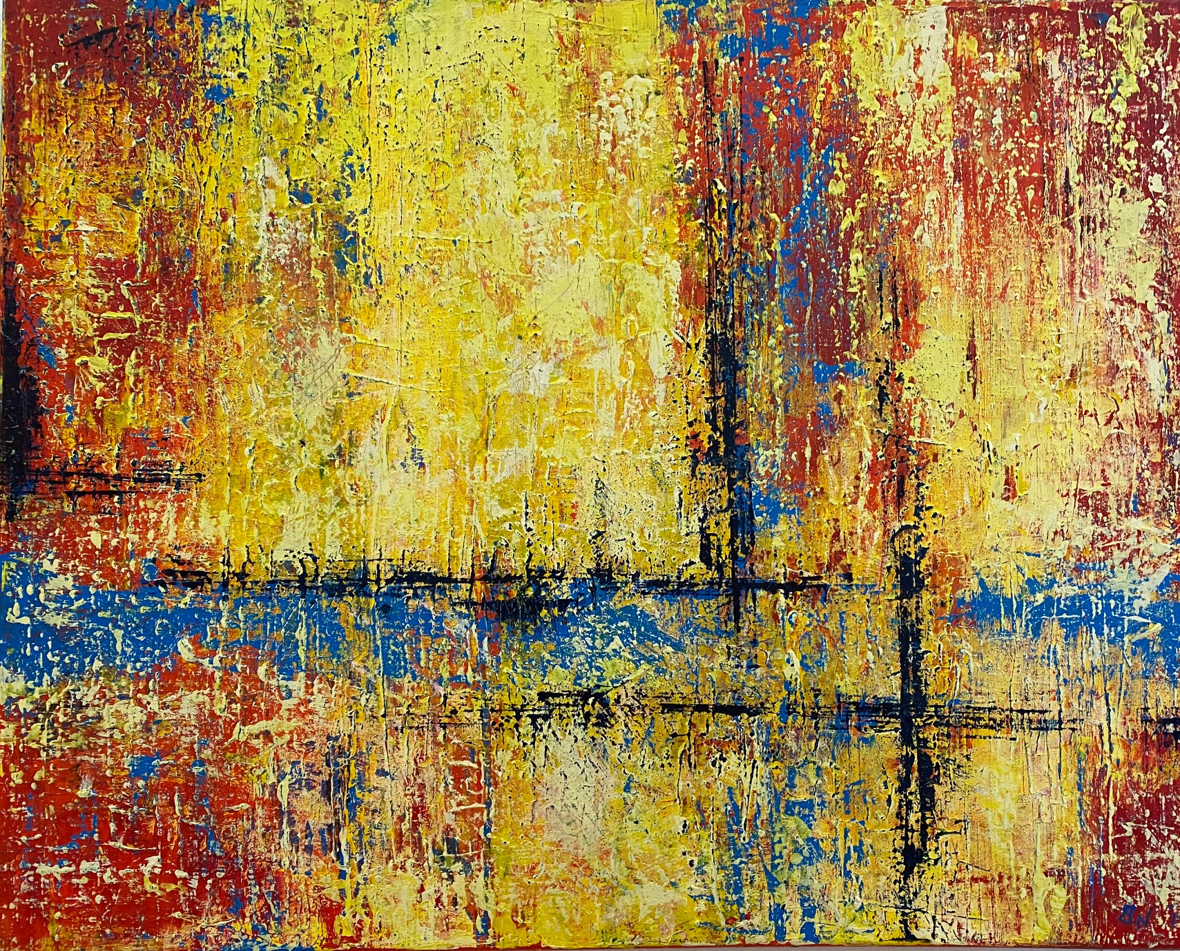 Eine abstrakte Malerei mit gelben, roten und blauen Farbtönen. Die Farben sind teilweise stark verwischt und überlappen sich.