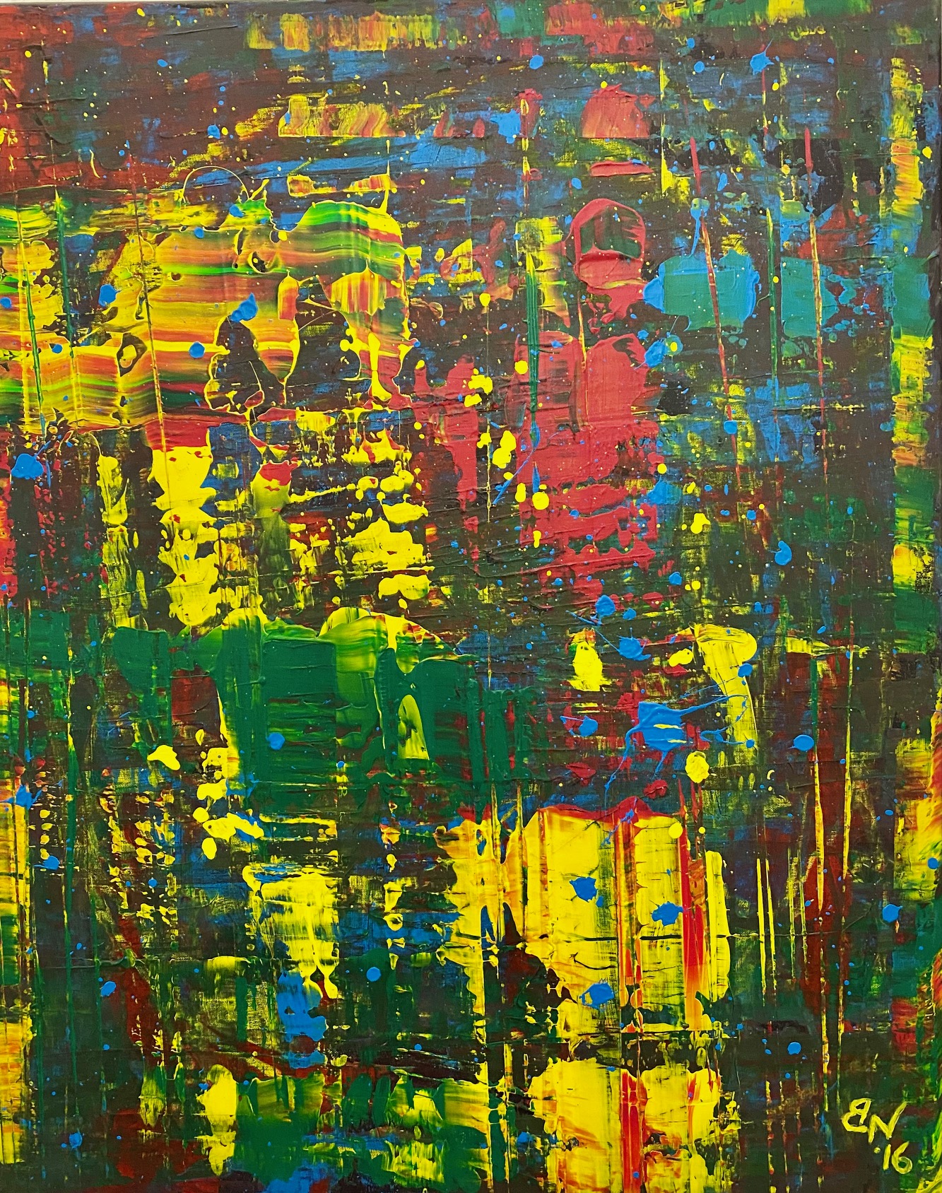 Ein Gemälde mit vielen verschiedenen Farben, hauptsächlich Gelb, Grün, Blau und Rot.