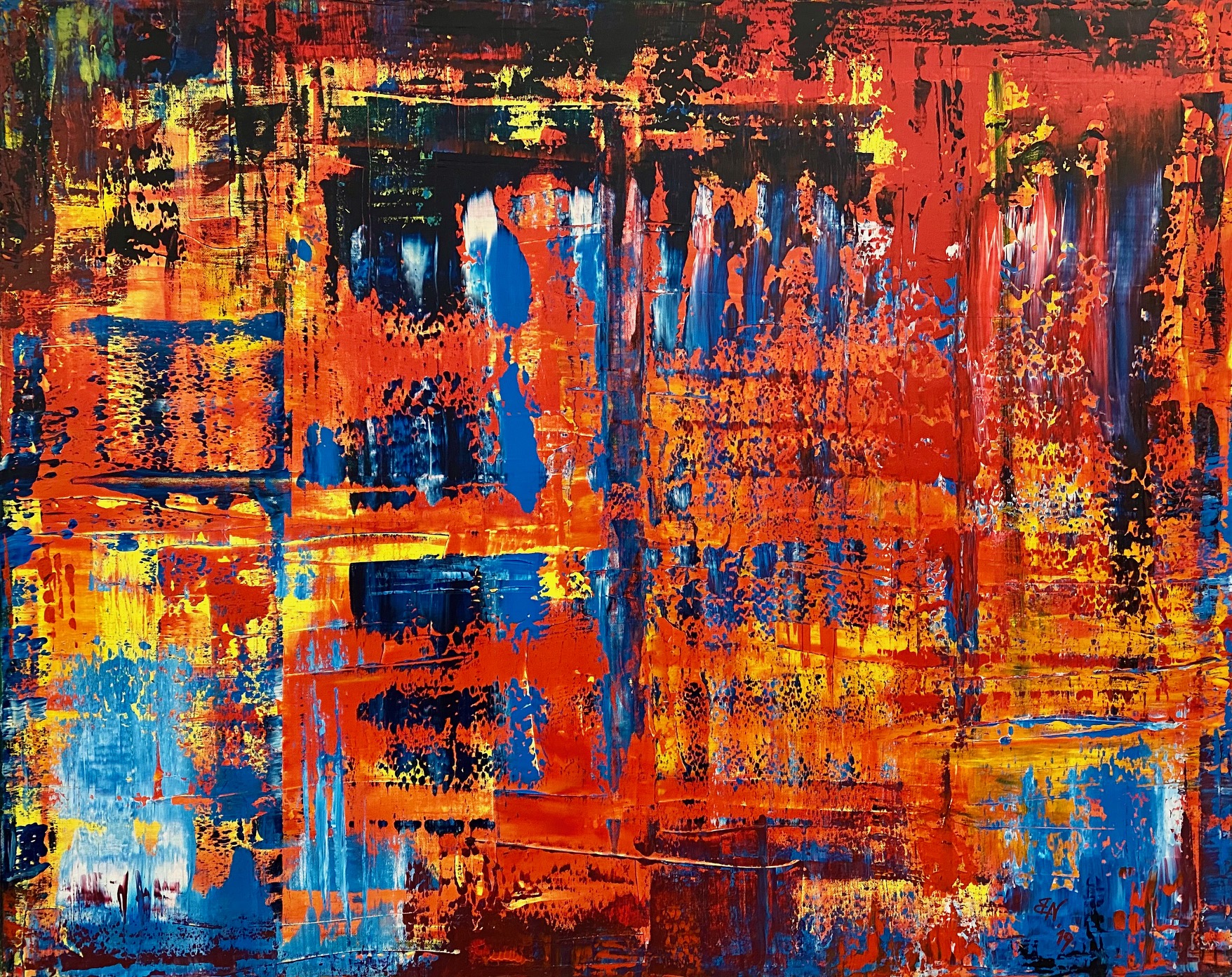 Ein lebendiges, abstraktes Gemälde mit einer Mischung aus leuchtenden Farben wie Rot, Blau, Gelb und Orange, die in dynamischen Mustern und Texturen angeordnet sind.